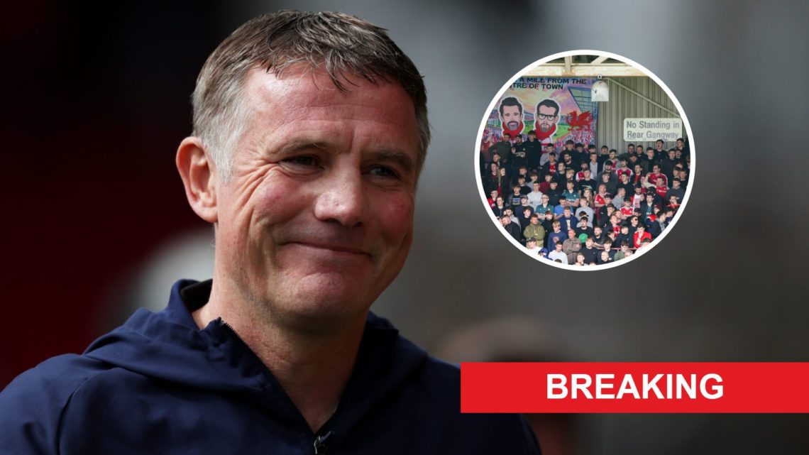 Phil Parkinson during Wrexham v Notts County - Vanarama National League. Fans of Wrexham watch on vs Stockport County.