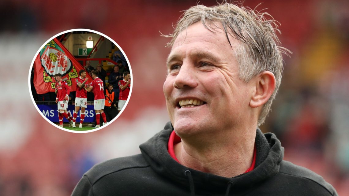 Phil Parkinson during Wrexham v Forest Green Rovers - Sky Bet League Two. Nathan Broadhead celebrates after he scores his sides first goal during t...