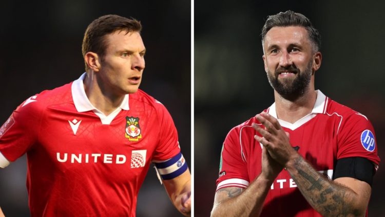 Paul Mullin of Wrexham looks on (left), Ollie Palmer of Wrexham applauds the fans (right)
