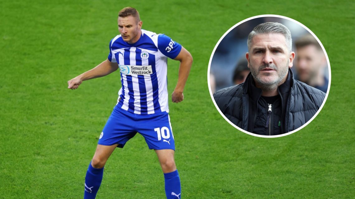 Paul Mullin in action for Wigan Athletic. Inzset, Preston North End manager Ryan Lowe