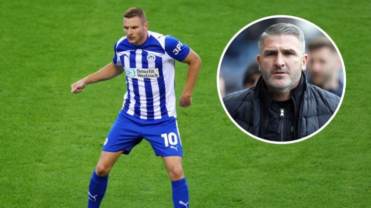 Paul Mullin in action for Wigan Athletic. Inzset, Preston North End manager Ryan Lowe