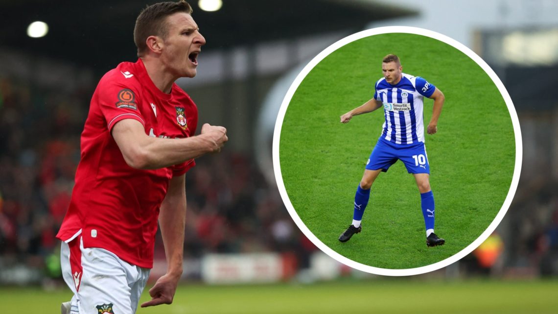 Wrexham striker Paul Mullin celebrates scoring a goal. Inset Paul Mullin plays for Wigan Athletic.