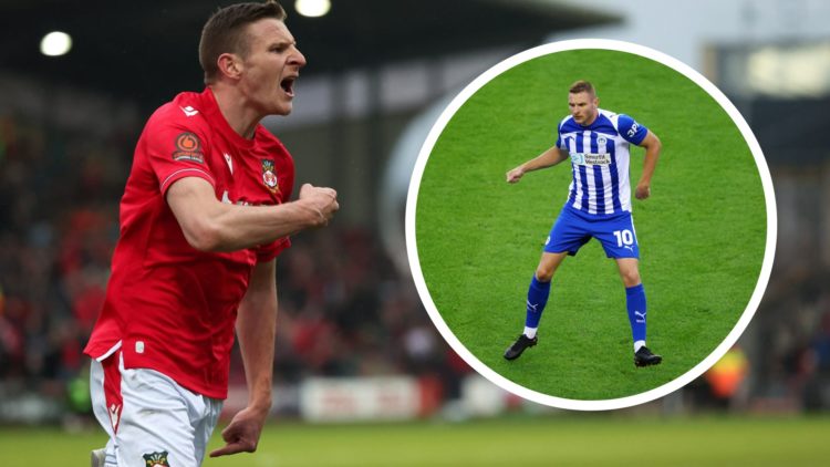 Wrexham striker Paul Mullin celebrates scoring a goal. Inset Paul Mullin plays for Wigan Athletic.
