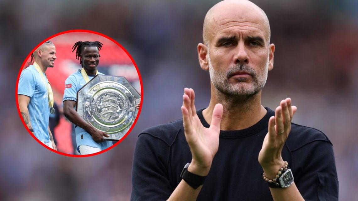 Pep Guardiola, Manager of Manchester City claps. Inset: Kalvin Phillips and Issa Kabore of Manchester City celebrate with the trophy