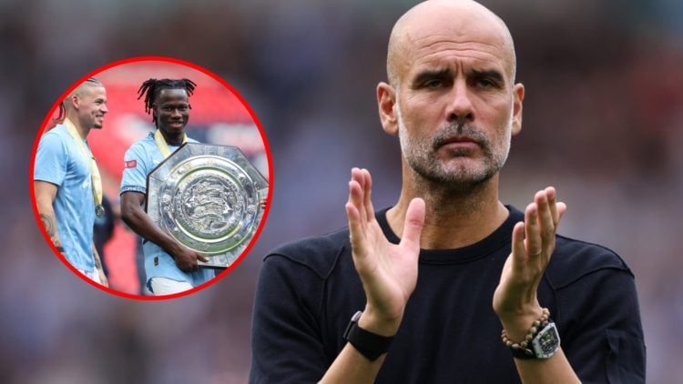 Pep Guardiola, Manager of Manchester City claps. Inset: Kalvin Phillips and Issa Kabore of Manchester City celebrate with the trophy