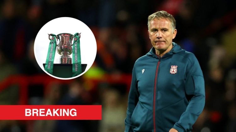 Phil Parkinson looks on after Wrexham v Reading. Inset, the Carabao Cup trophy