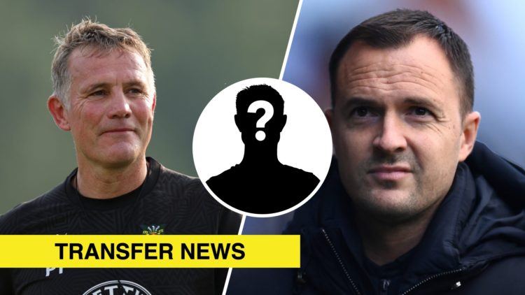A split image of Wrexham boss Phil Parkinson (L) and Birmingham City boss Chris Davies (R). Inset, a mystery player icon