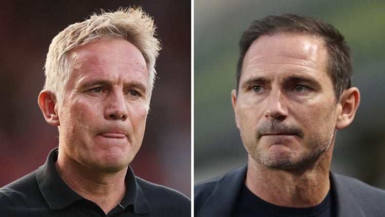 Phil Parkinson, Manager of Wrexham, looks on (left), Frank Lampard Manager of Coventry City (right)