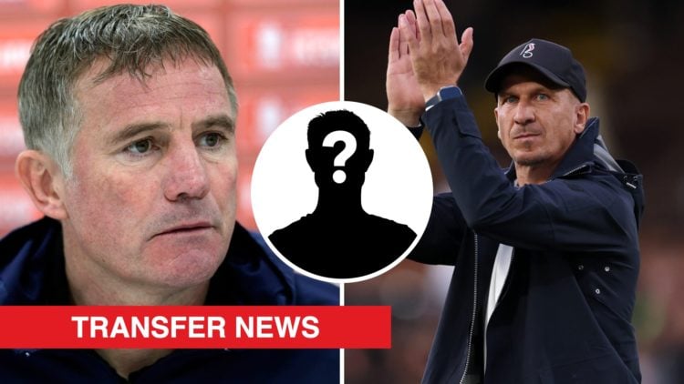 A split image of Wrexham boss Phil Parkinson (L) and Bristol City boss Gerhard Struber (R). Inset, a mystery player icon.