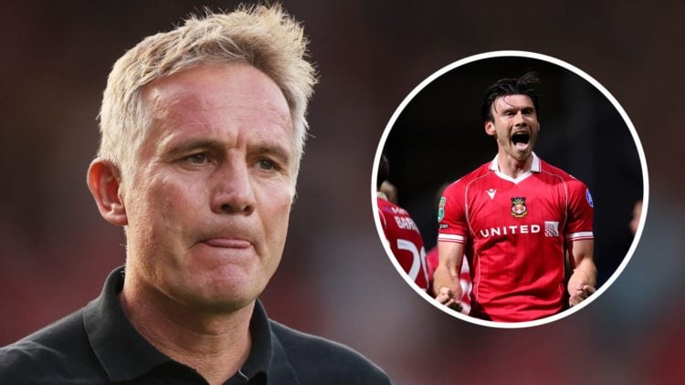 Phil Parkinson, Manager of Wrexham, looks on. Inset: Kieffer Moore of Wrexham celebrates