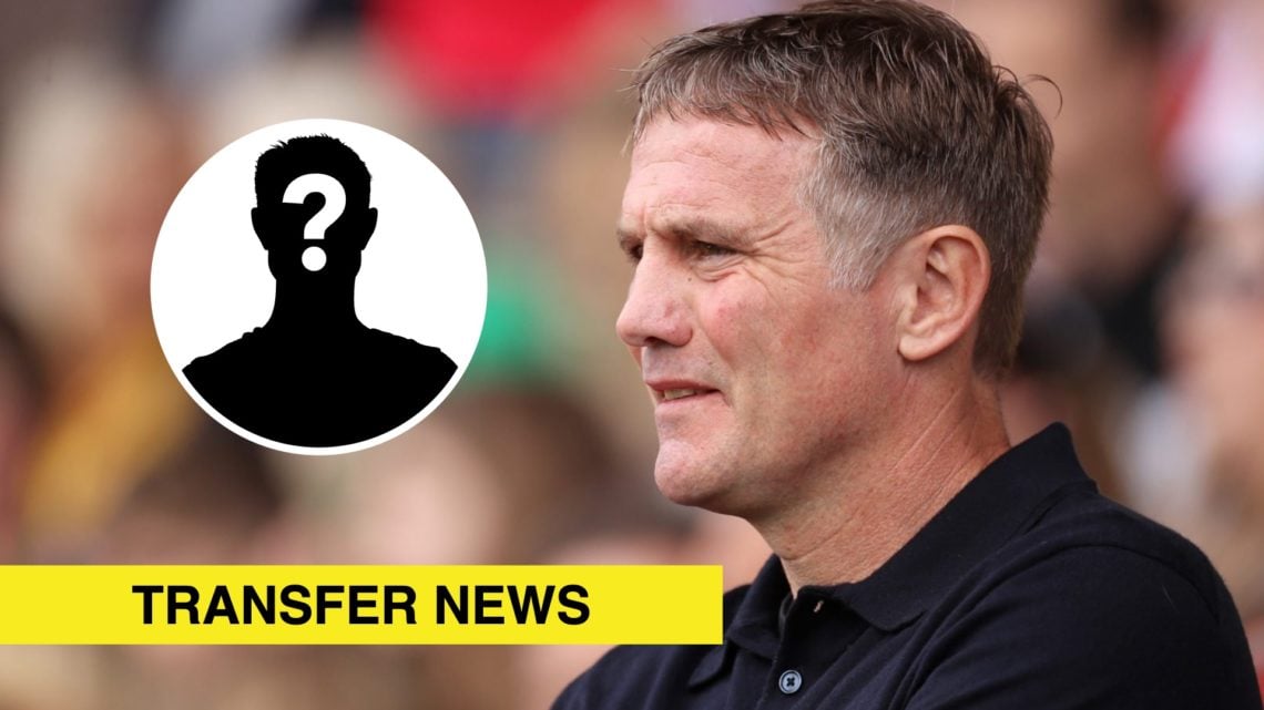 Wrexham boss Phil Parkinson looks on. Inset, a mystery player icon and a yellow banner with 'transfer news' in black text.