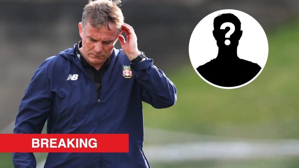 Wrexham boss Phil Parkinson. Inset, a mystery player icon and a red banner with 'breaking' in white text.