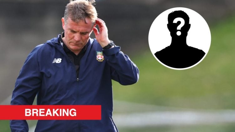 Wrexham boss Phil Parkinson. Inset, a mystery player icon and a red banner with 'breaking' in white text.