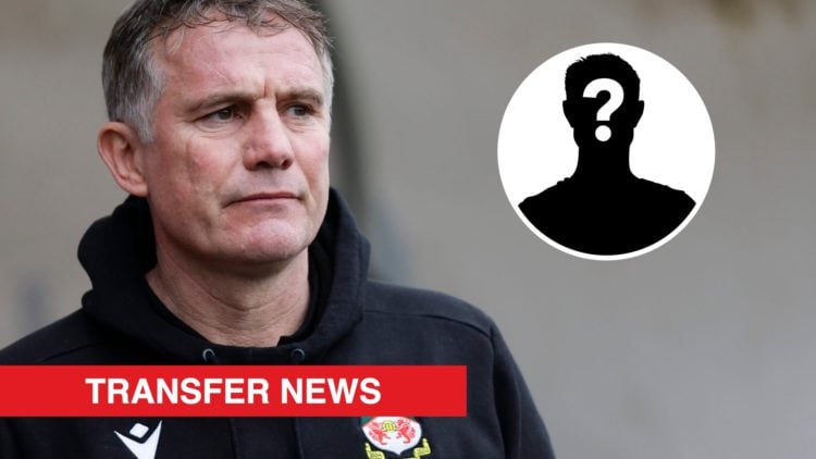 Wrexham boss Phil Parkinson. Inset, a mystery player icon and a red banner with 'transfer news' in white text.