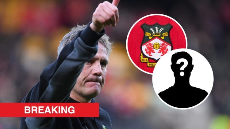 Wrexham boss Phil Parkinson looks on against Notts County. Inset, the Wrexham badge, a mystery player icon and a red banner with 'breaking' in whit...
