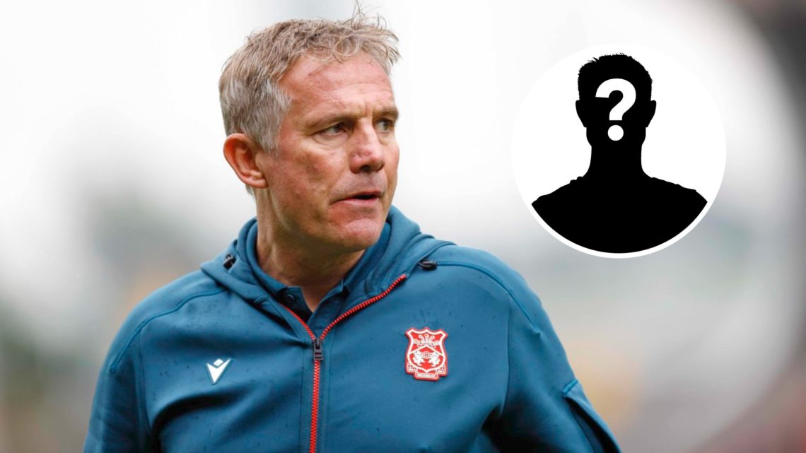 Wrexham boss Phil Parkinson looks on against Derby County. Inset, a mystery player icon.