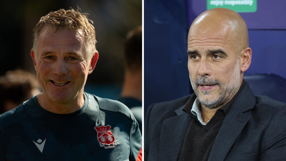A split image of Wrexham boss Phil Parkinson (L) and Manchester City boss Pep Guardiola (R)
