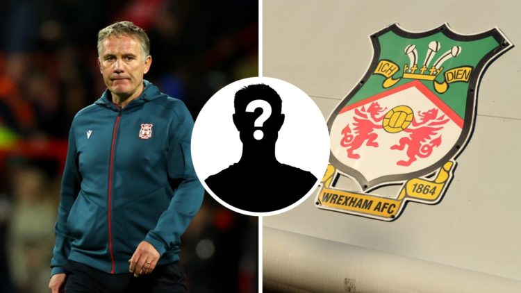 Phil Parkinson, manager of wrexham looks on (left), General view outside the stadium (right). Inset: mystery person