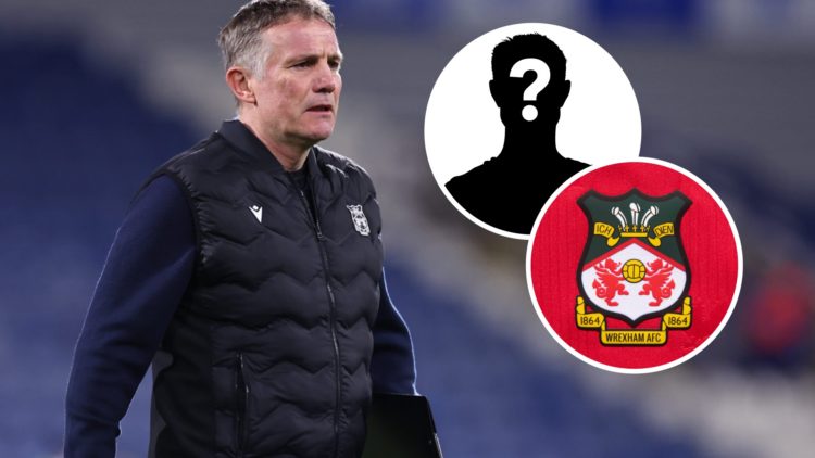 Phil Parkinson looks on before Huddersfield Town v Wrexham. Inset, a mystery player icon and the Wrexham badge