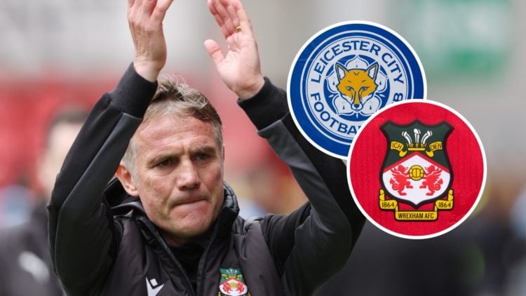 Wrexham boss Phil Parkinson applauds fans. Inset, Wrexham and Leicester City badges.