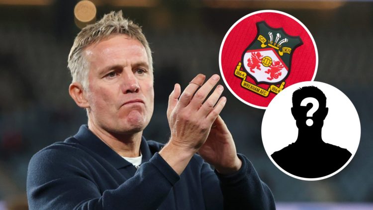Phil Parkinson applauds. Inset, the Wrexham badge and a mystery player icon