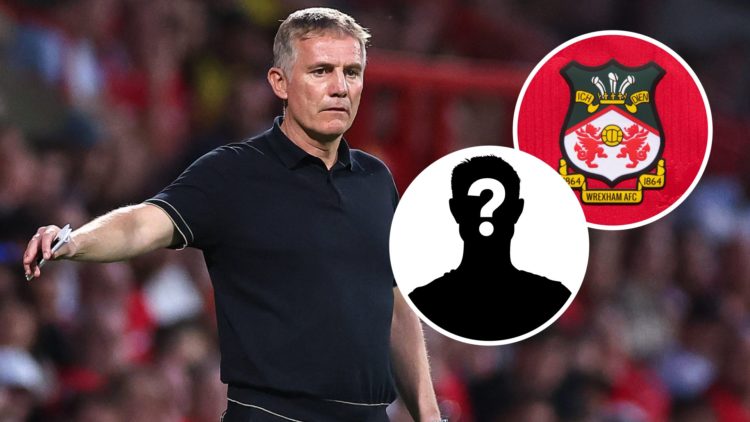 Wrexham boss Phil Parkinson looks on against Hull City. Inset, the Wrexham badge on a red home shirt and a mystery player icon.