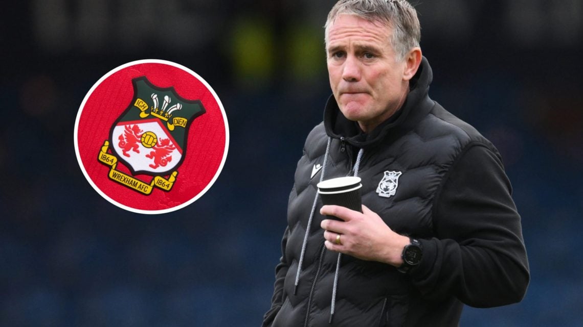 Phil Parkinson looks on before Stockport County v Wrexham. Inset, a Wrexham badge on a red home shirt