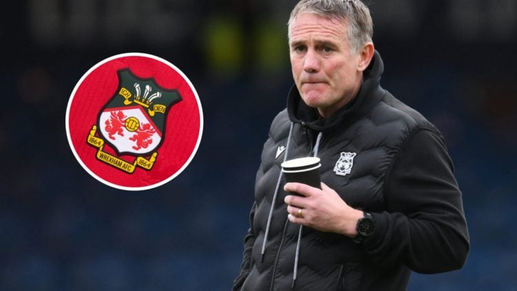 Phil Parkinson looks on before Stockport County v Wrexham. Inset, a Wrexham badge on a red home shirt
