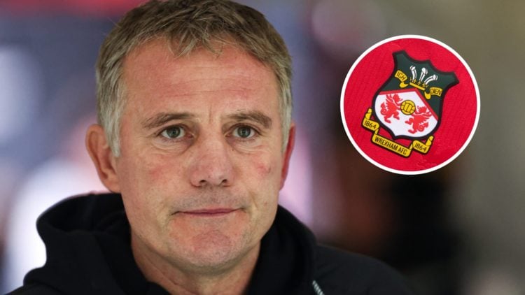 Wrexham boss Phil Parkinson looks on before facing Wolverhampton Wanderers U21s. Inset, the Wrexham badge