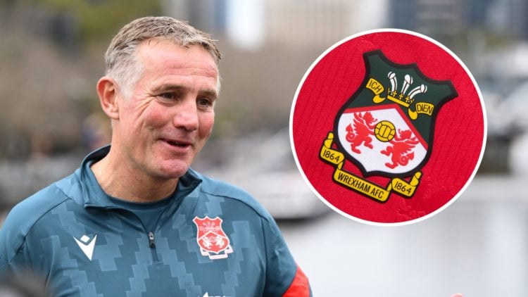 Wrexham boss Phil Parkinson looks on. Inset, a Wrexham badge on a red home shirt