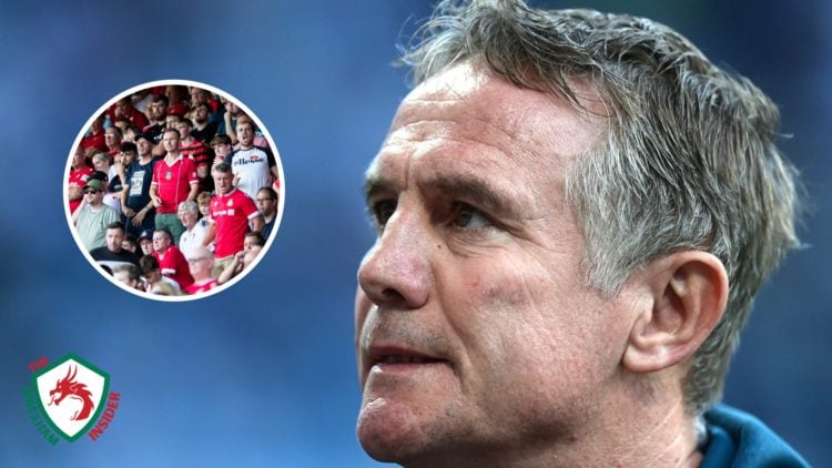 Wrexham boss Phil Parkinson looks on. Inset, Wrexham fans against Doncaster Rovers.
