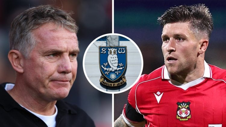 Phil Parkinson, Manager of Wrexham looks on (left), Josh Windass of Wrexham (right). Inset: The Sheffield Wednesday club crest outside the Hillsbor...