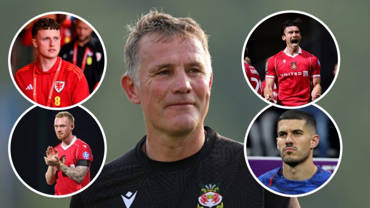 Wrexham boss Phil Parkinson looks on during a training session. Inset, images of Kieffer Moore, Lewis O'Brien, Conor Coady and Nathan Broadhead