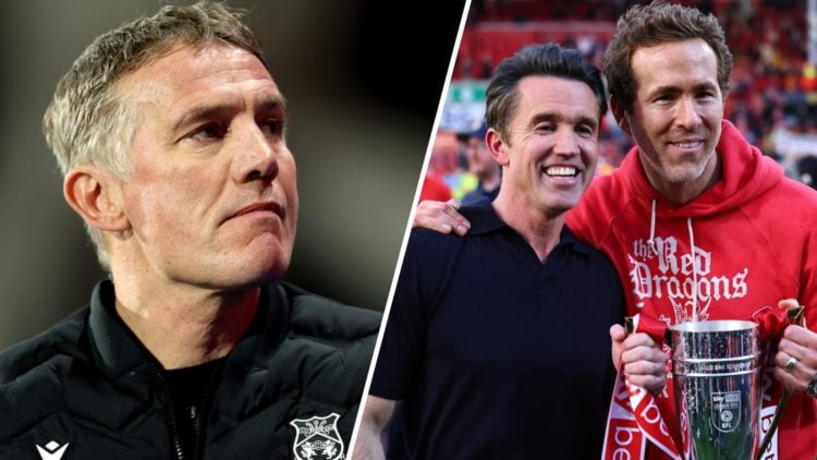 A split image of Wrexham boss Phil Parkinson (L), and Rob Mac alongside Ryan Reynolds after Wrexham's win over Charlton Athletic (R)