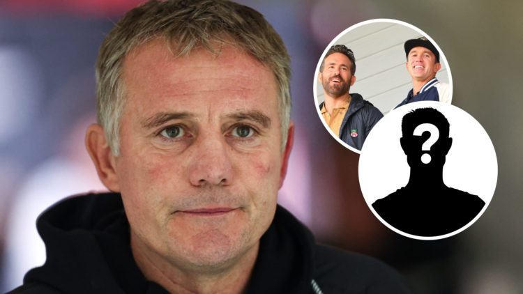 Wrexham boss Phil Parkinson looks on. Inset, Rob Mac and Ryan Reynolds, and a mystery player icon.