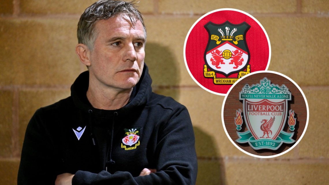 Phil Parkinson looks on during Forest Green Rovers v Wrexham. Inset, Wrexham and Liverpool badges