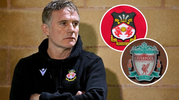 Phil Parkinson looks on during Forest Green Rovers v Wrexham. Inset, Wrexham and Liverpool badges