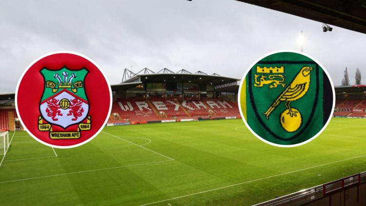 General view of inside Wrexham's stadium, the Racecourse Ground. Wrexham club crest. Norwich City badge.