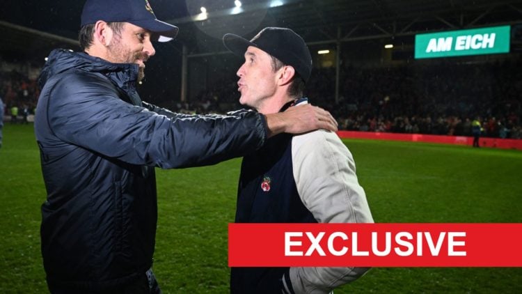 Ryan Reynolds and Rob McElhenney celebrate Wrexham's promotion from the National League