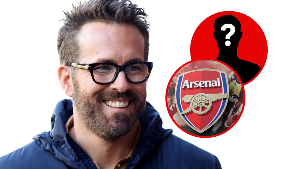Wrexham co-owner Ryan Reynolds. Detailed view of the Arsenal club badge