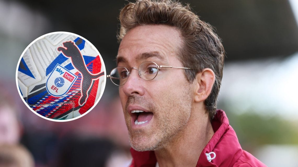 Ryan Reynolds looks on before Wrexham v QPR. A detailed view of the SkyBet and EFL league logo on a white Puma match ball before the Sky Bet Champi...