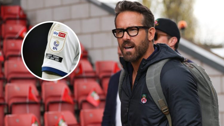 Ryan Reynolds before Wrexham v Boreham Wood - Vanarama National League. A detailed view of a shirt sleeve with the EFL Championship logo during AFC...