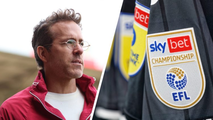 Ryan Reynolds looks on before Wrexham AFC v Queens Park Rangers in the Sky Bet Championship clash. EFL Championship logo on a shirt ahead of Norwic...