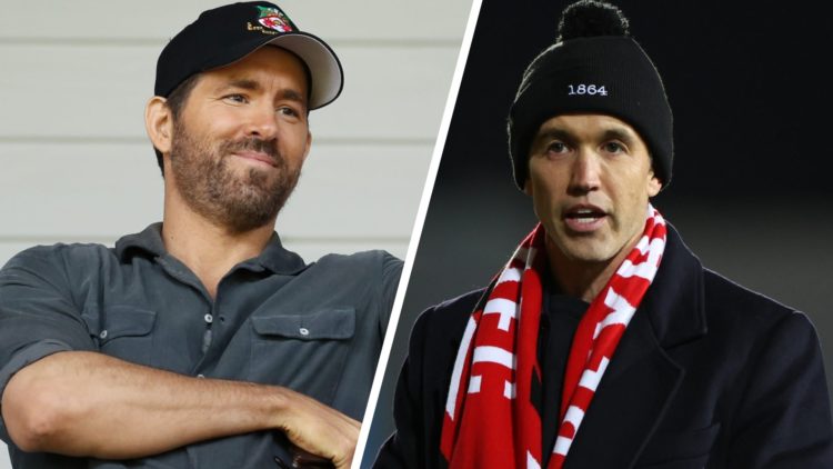 Ryan Reynolds gives a thumbs up prior to the Vanarama National League Play-Off Semi Final match between Wrexham and Grimsby Town. Rob McElhenney af...