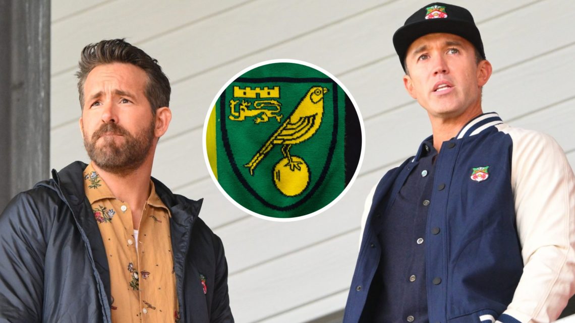 Wrexham owners Ryan Reynolds and Rob McElhenney look on. Norwich City badge.