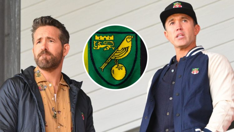 Wrexham owners Ryan Reynolds and Rob McElhenney look on. Norwich City badge.