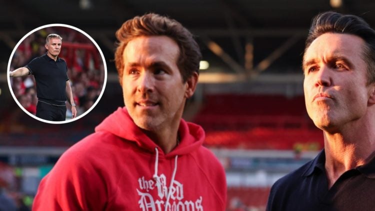Ryan Reynolds and Rob McElhenney co owners of Wrexham. Phil Parkinson the manager of Wrexham looks on.