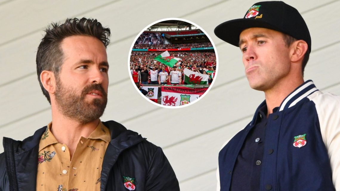 Ryan Reynolds and Rob McElhenney during Wrexham v Notts County - Vanarama National League. Wrexham fans sing the Welsh National Anthem.