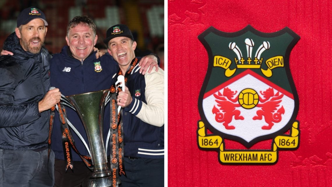 The official club badge of Wrexham AFC on a home shirt