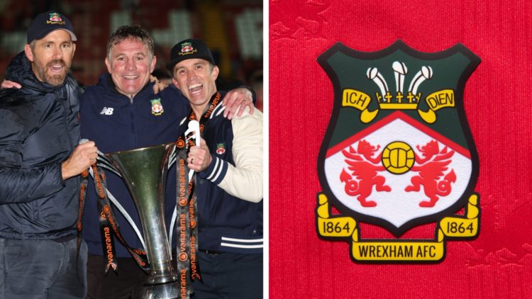The official club badge of Wrexham AFC on a home shirt